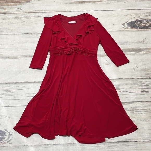 Evan-Picone Dress Women's 14 Red Long Sleeve A-Line Midi V-Neck Ruffles - Picture 11 of 16
